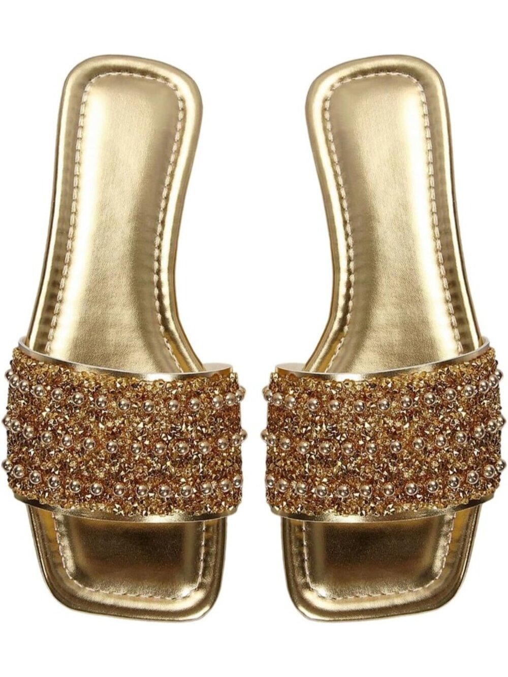 Women's Gold Sparkly Rhinestone Sandal Pearl Boho Summer Square Toe Shoes